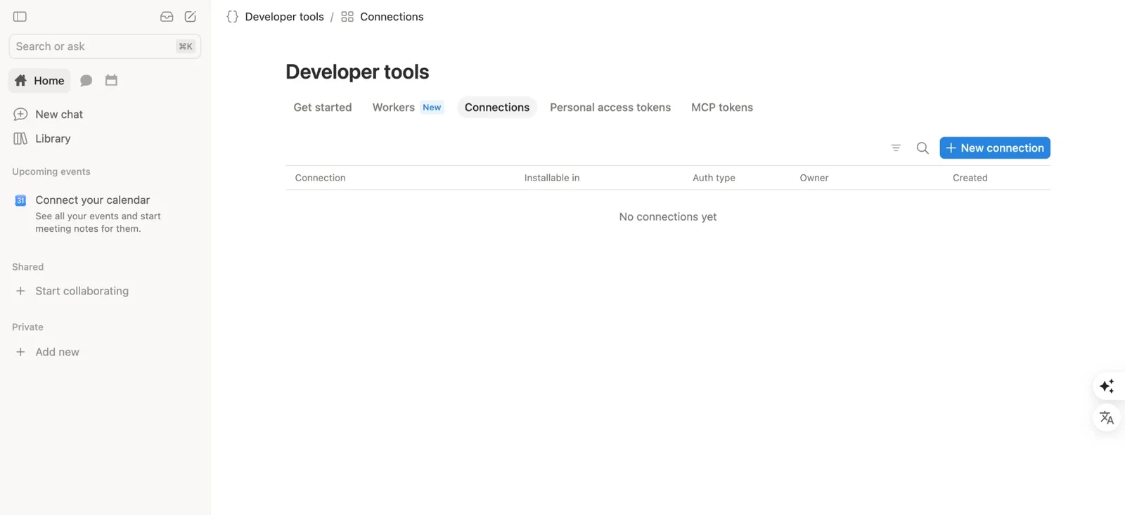 The Connections tab of Notion Developer tools with a New connection button