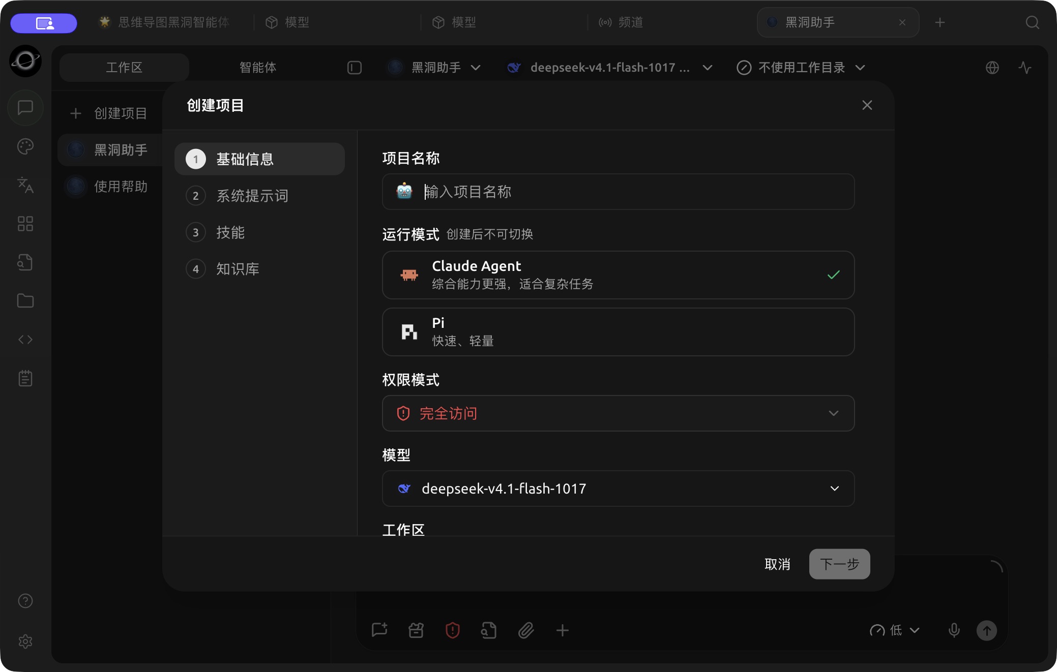 The Create Project wizard: name the project and choose a runtime, permissions and model. (Chinese interface.)