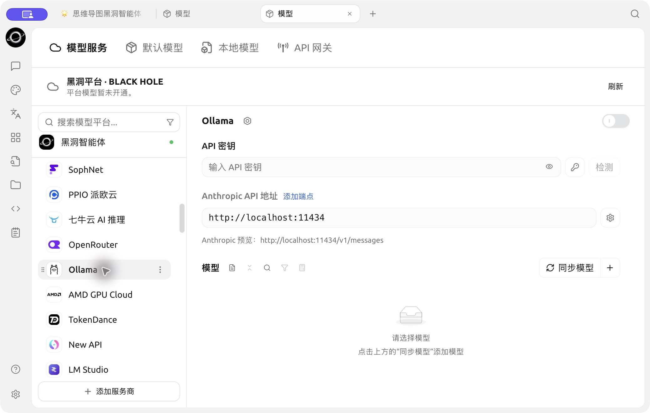 Ollama 配置入口,当前显示 Anthropic API 地址。