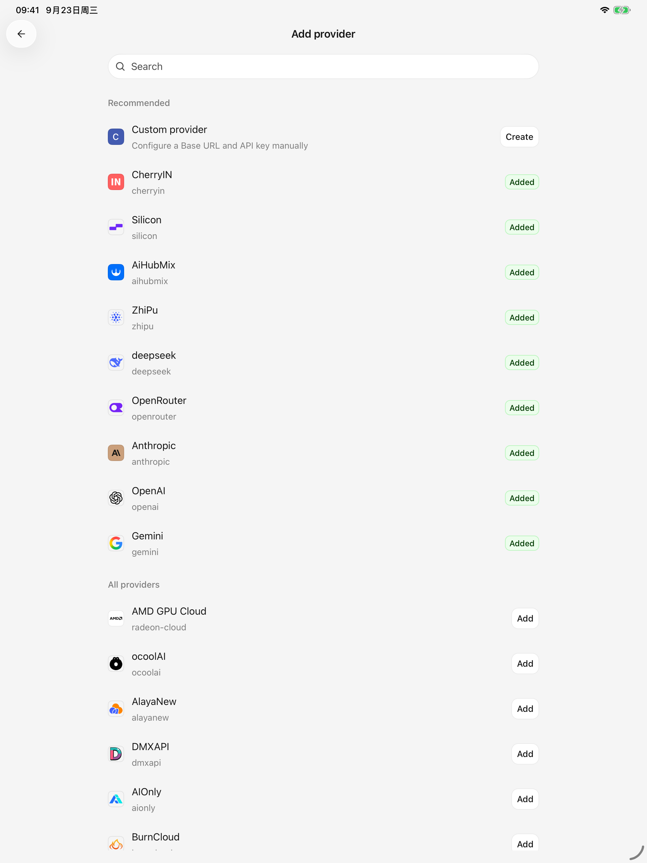 Add provider screen in Cherry Studio Mobile on iPad