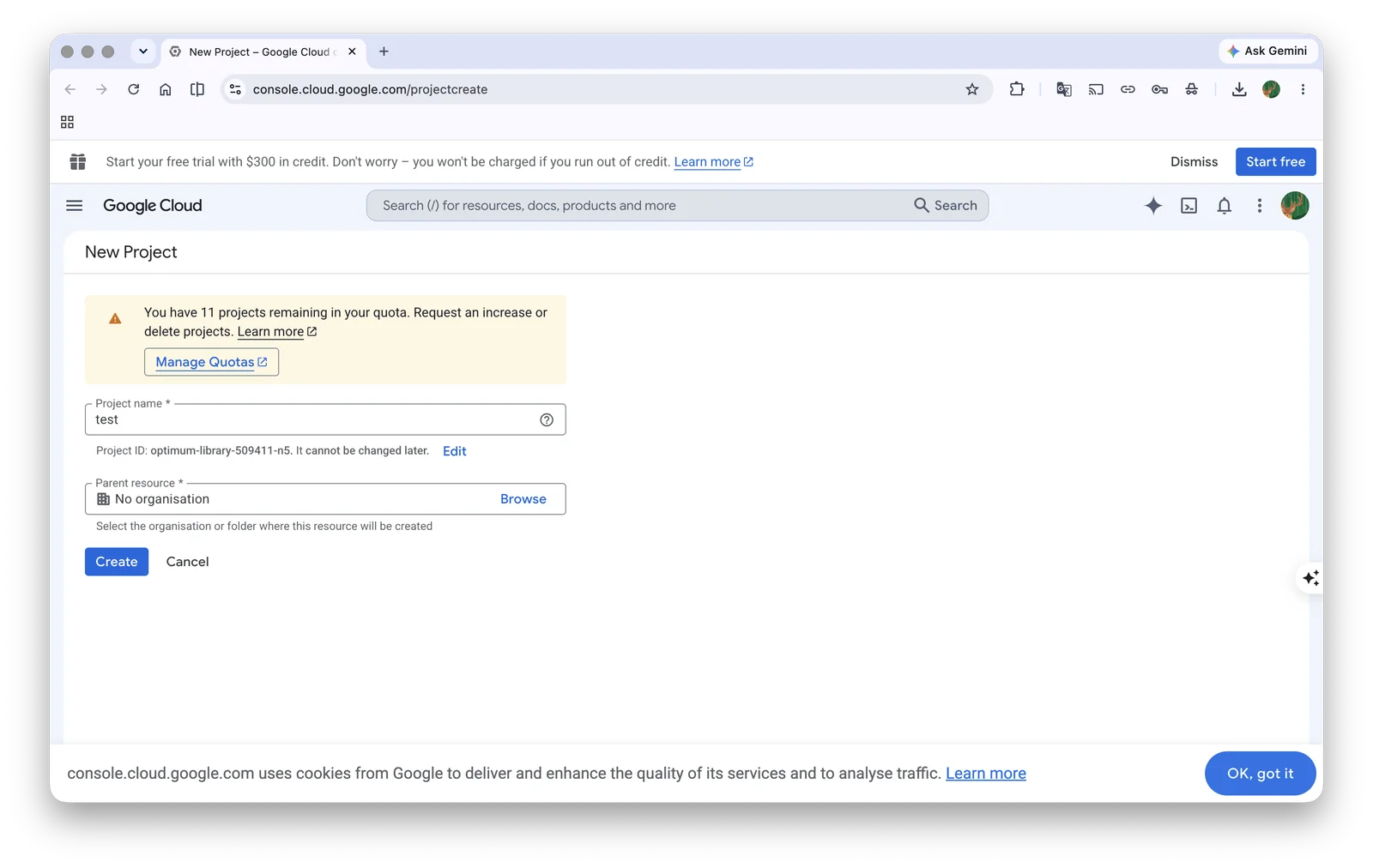 The New Project page in Google Cloud