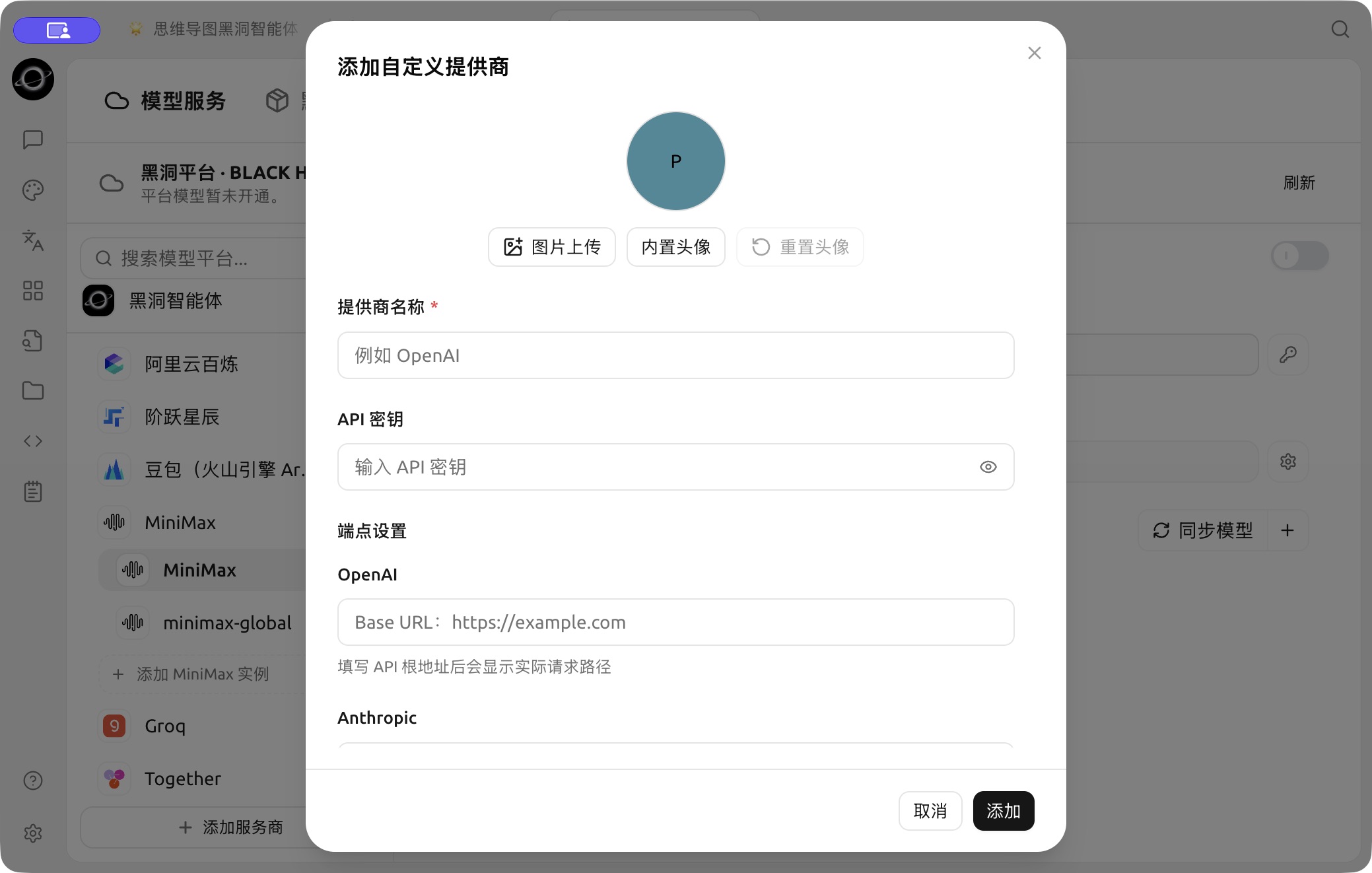自定义提供商的名称、密钥与协议端点设置。