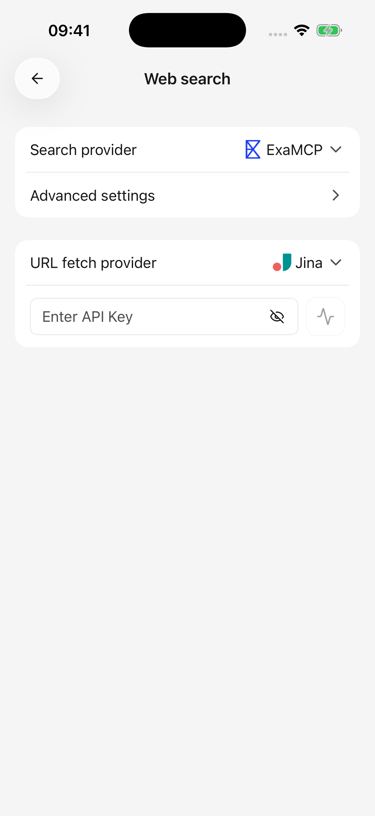 Search and page reading have separate providers; defaults shown