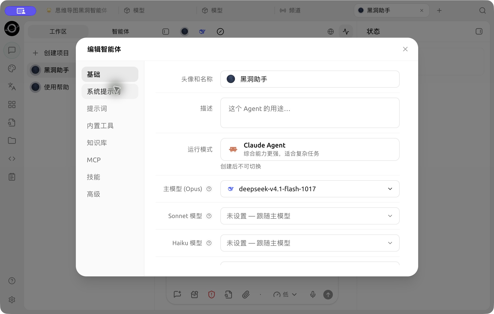Runtime and primary, Sonnet and Haiku model settings in Edit Agent → Basic. (Chinese interface.)
