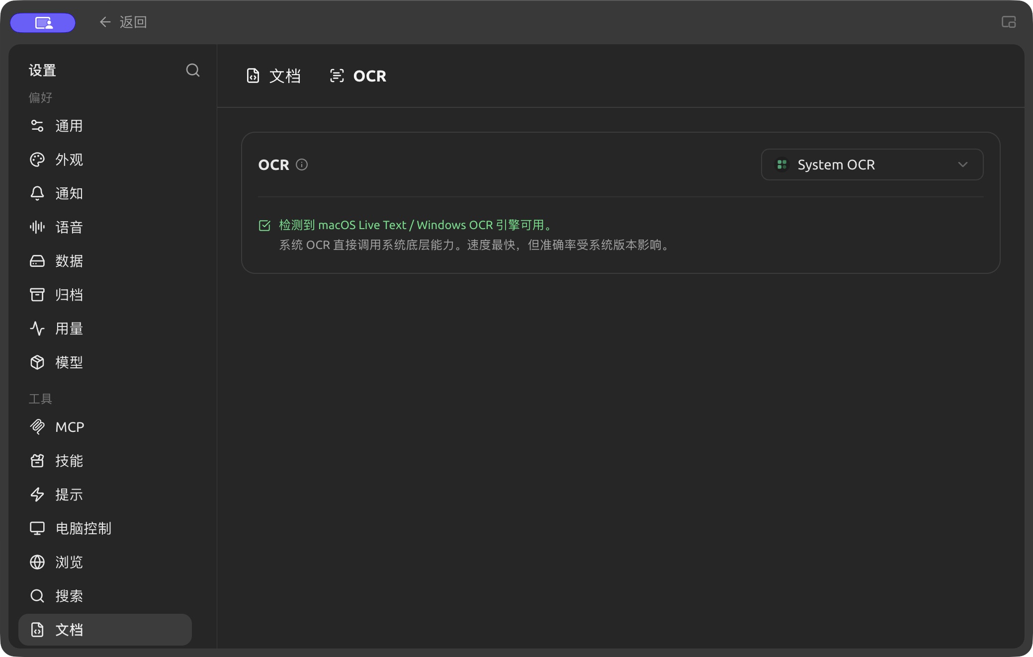 System OCR settings under Settings → Documents → OCR. (Chinese interface.)