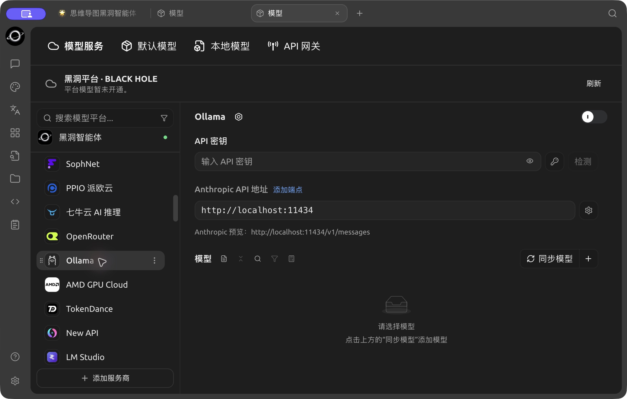 Ollama 配置入口,当前显示 Anthropic API 地址。