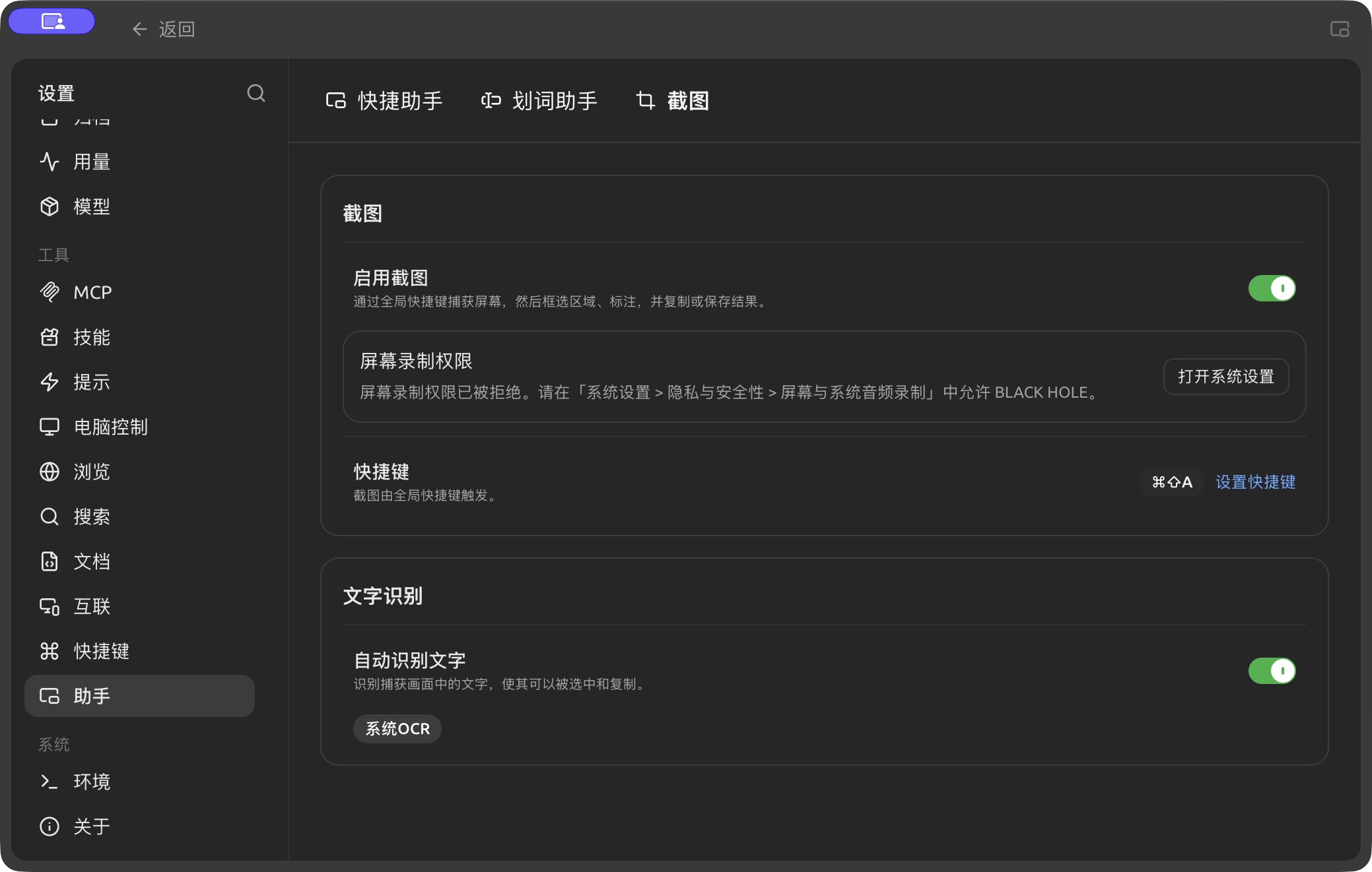 Screenshot and OCR settings; macOS screen-recording permission is pending. (Chinese interface.)