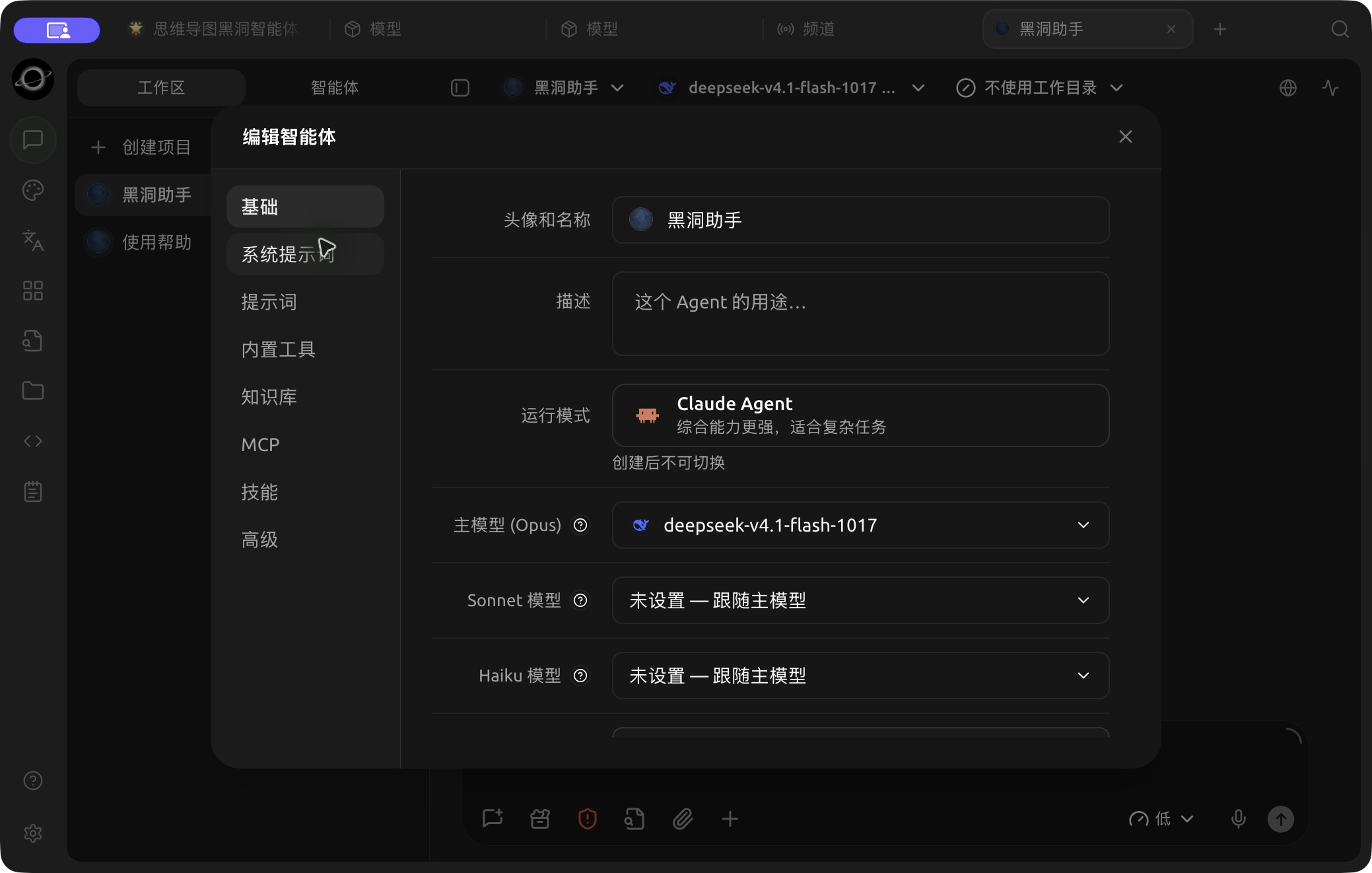 Runtime and primary, Sonnet and Haiku model settings in Edit Agent → Basic. (Chinese interface.)