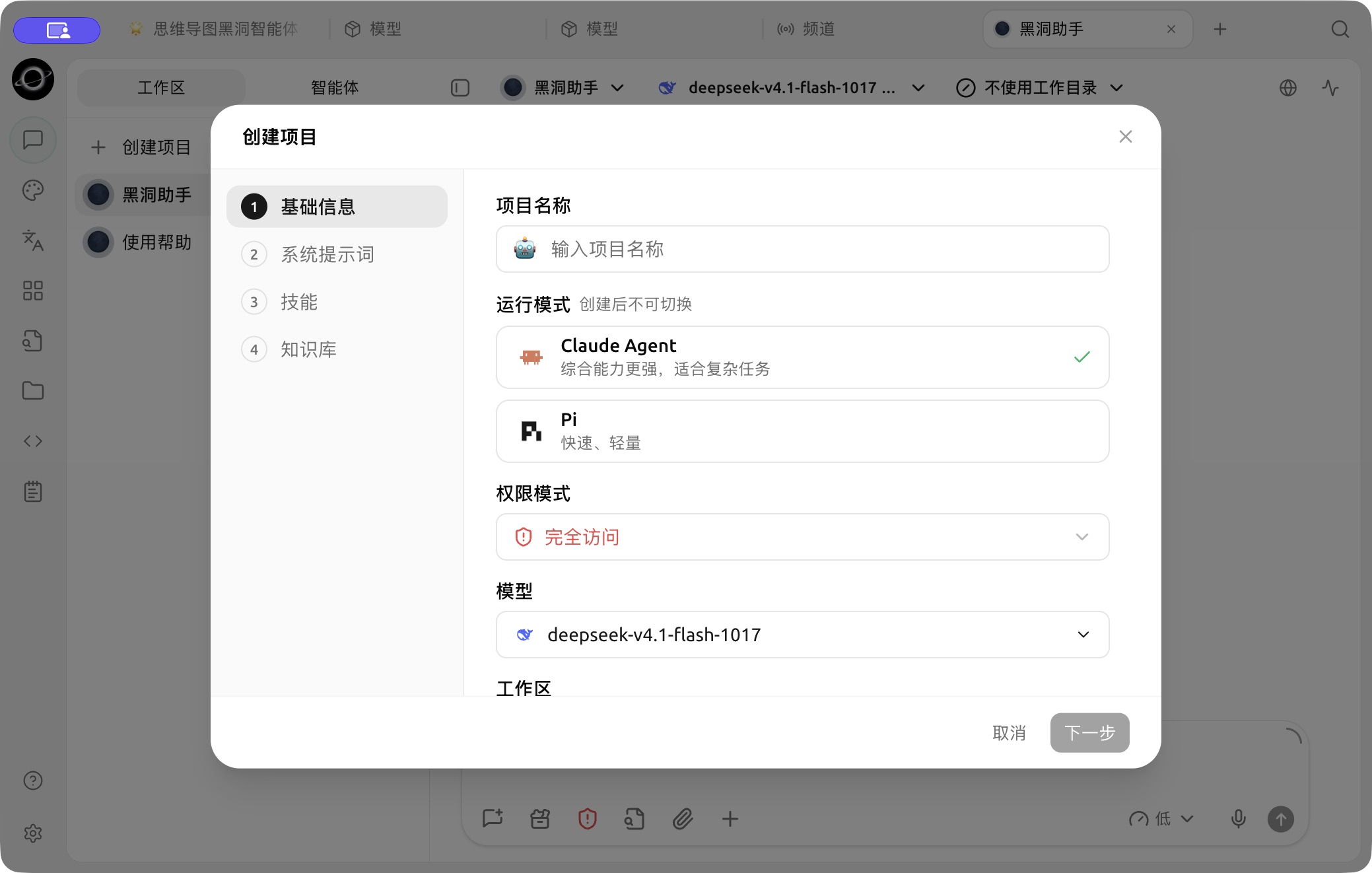 The Create Project wizard: name the project and choose a runtime, permissions and model. (Chinese interface.)