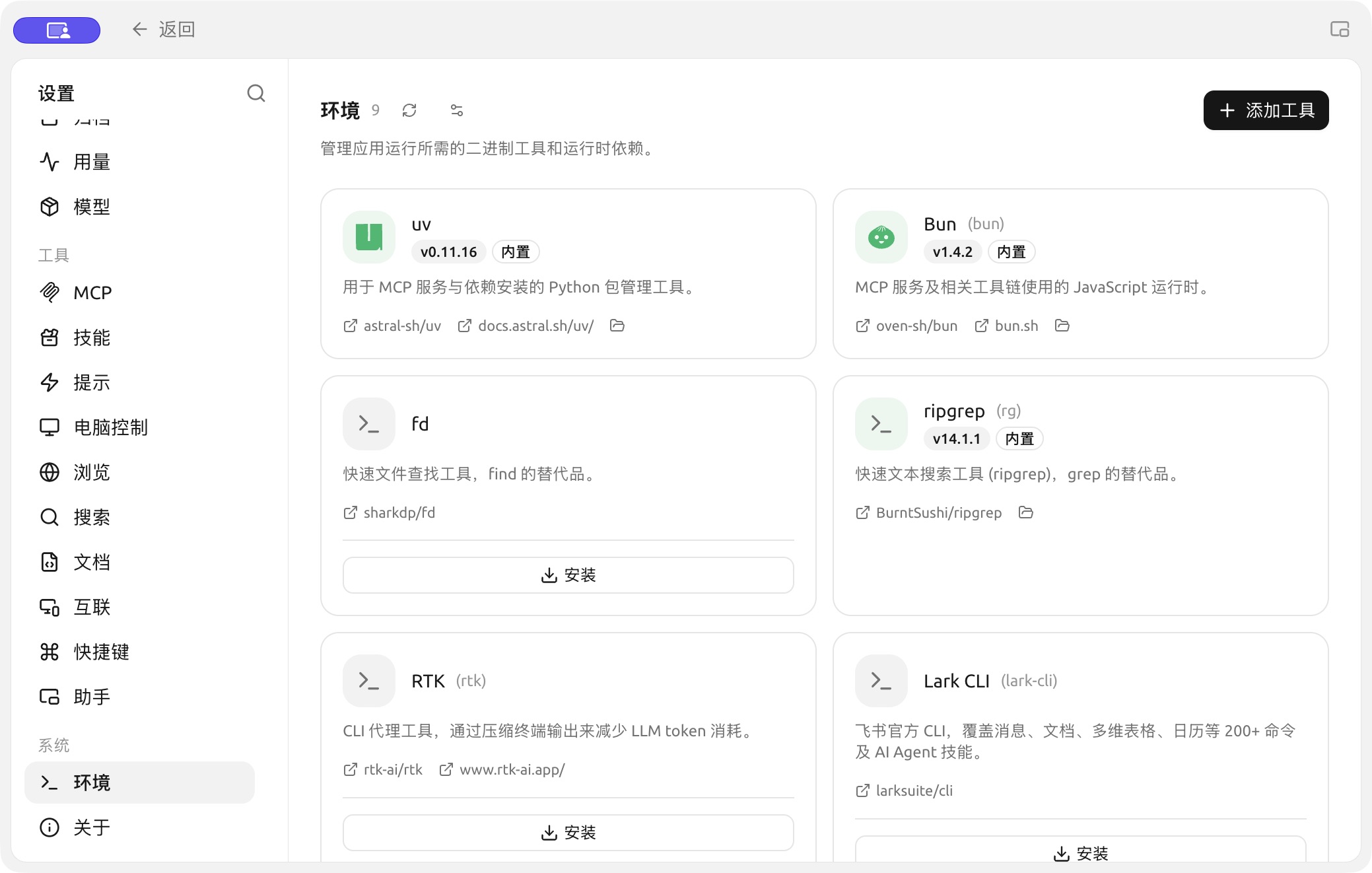 Check tool and runtime status in Settings → Environment and install missing dependencies as prompted. (Chinese interface.)