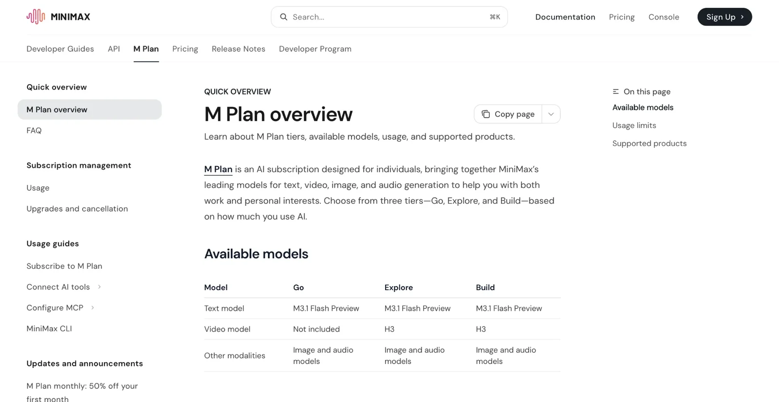 The M Plan overview page on the MiniMax platform listing the Go, Explore and Build tiers and their models