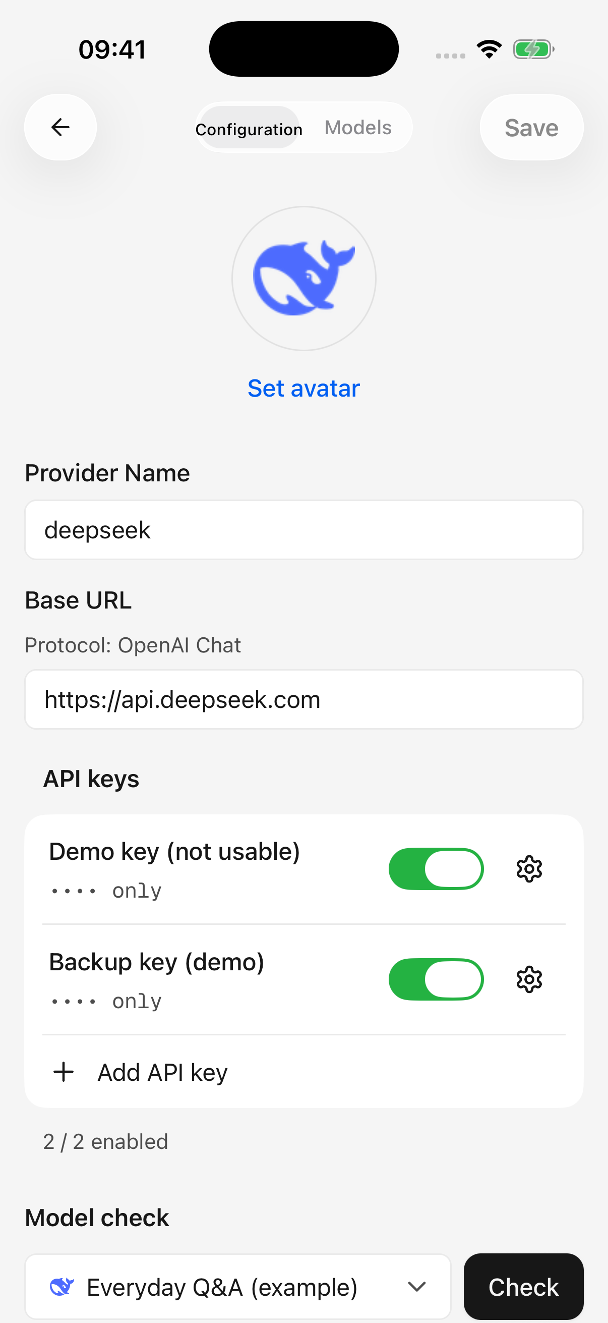 Save provider changes with the top-right button; keys shown are non-working examples