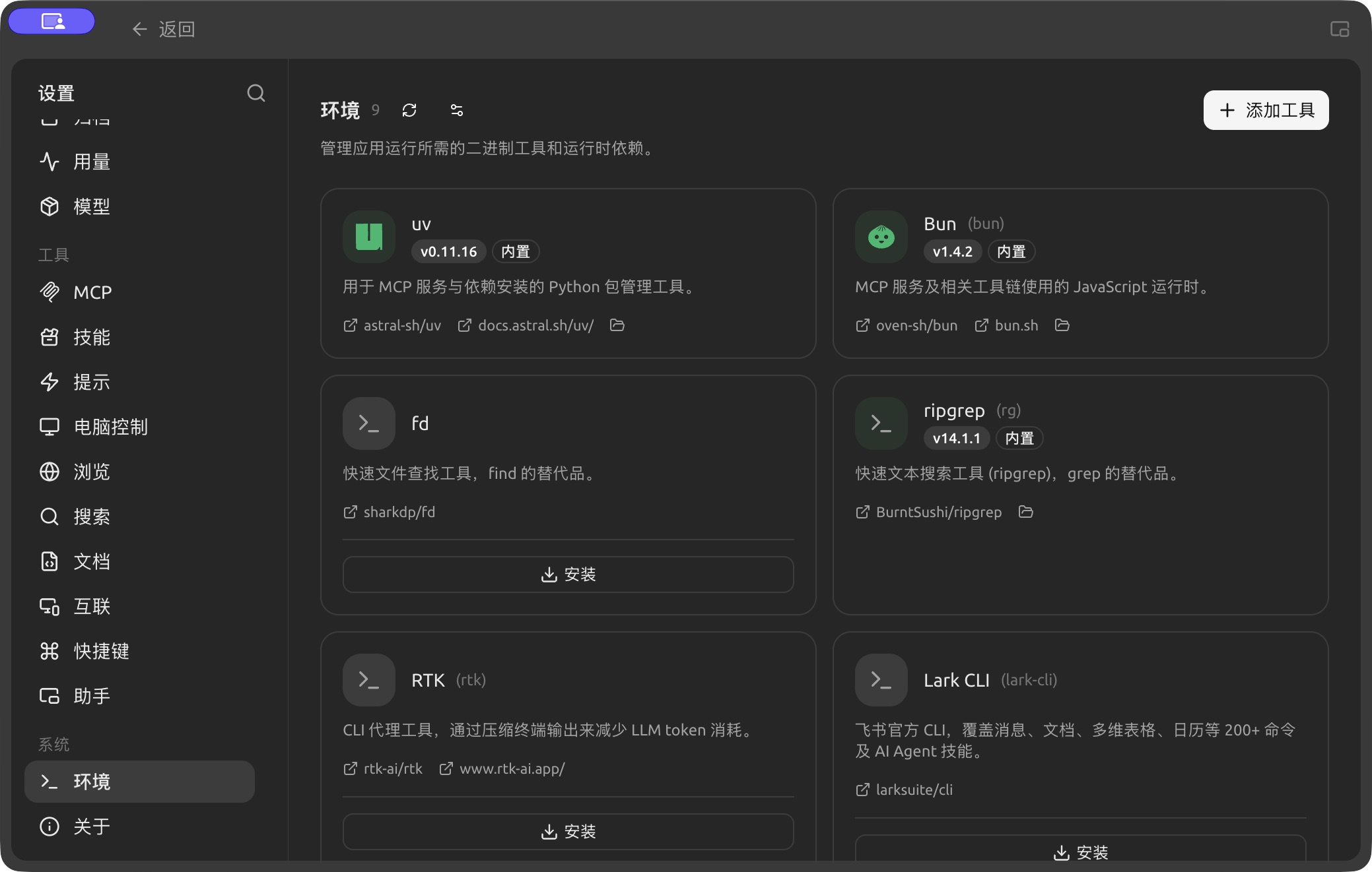 Check tool and runtime status in Settings → Environment and install missing dependencies as prompted. (Chinese interface.)